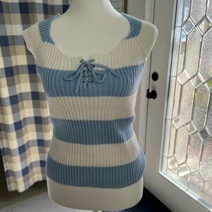 NEVADA: New Women Blue and White Crop Stretch Top, Lace up front tie, Size M.